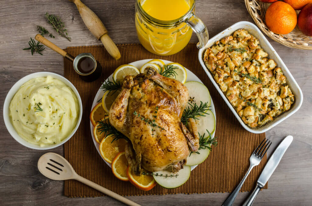 Feasting - stuffed roast chicken with herbs